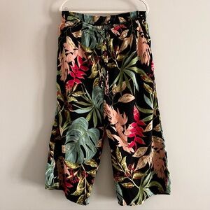 Rachel Roy Tropical Hawaiian Print Wide Leg Linen Black Green Pants 1X Plus